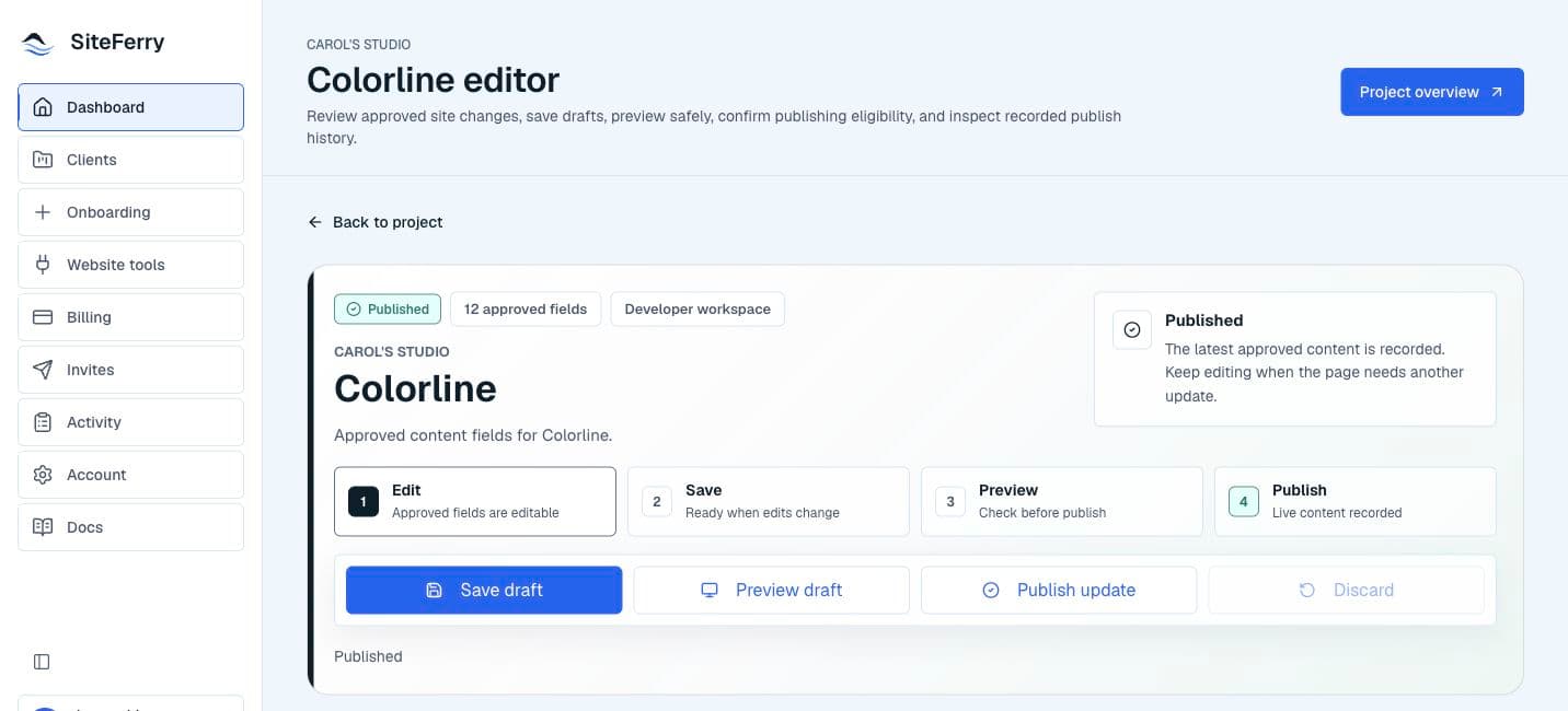 Carol's Studio approved content editor showing focused text and image controls