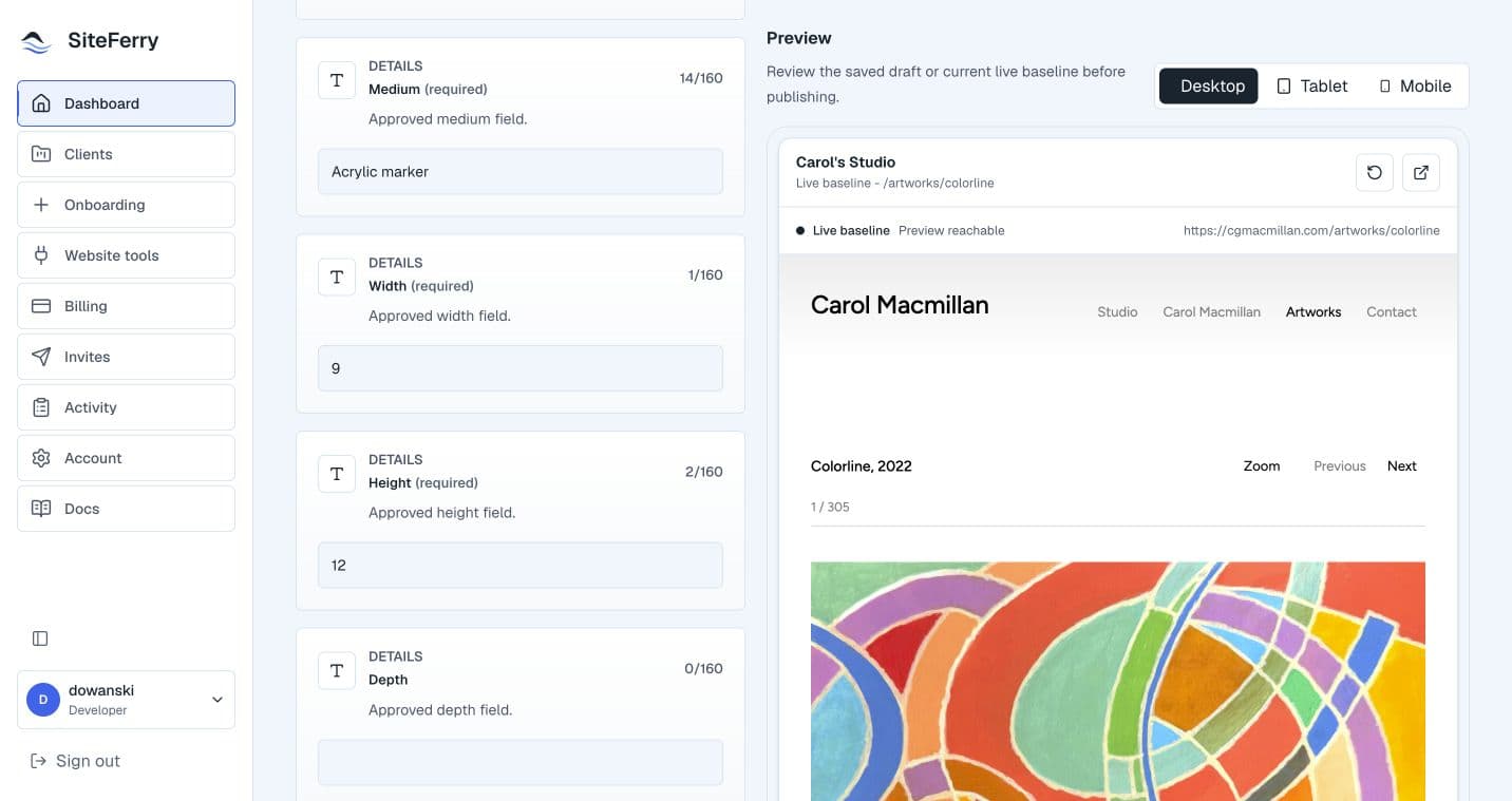 Carol's Studio exact live preview showing approved content before publishing