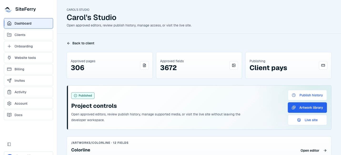 Carol's Studio developer workspace showing approved pages, approved fields, and publishing controls